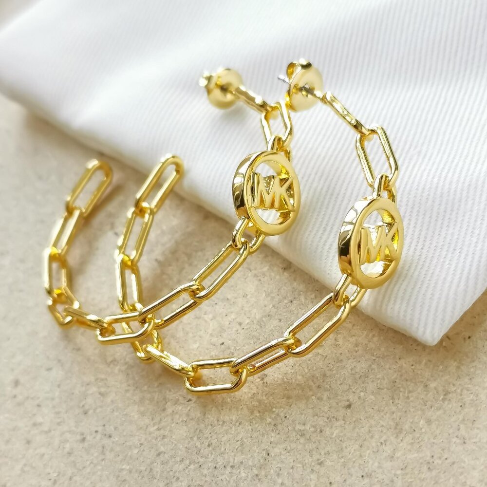 NEW Michael Kors Goldtone Signature Hoop Chain Link Hoop Earrings
